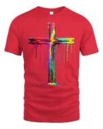 Color Drip Cross T-Shirt Christian Faith Art Tee - red t-shirt on white background
