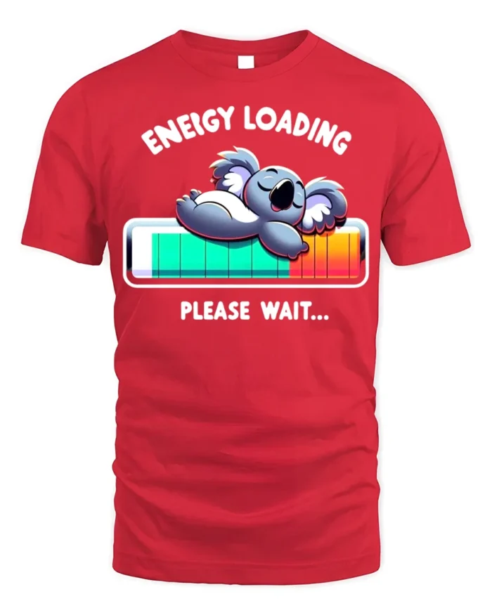 Energy Loading T-Shirt Funny Koala Sleep Graphic - red t-shirt on white background