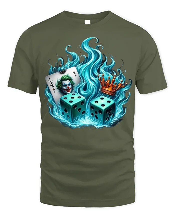 Flaming Dice Joker T-Shirt Bold Casino King Graphic - military green t-shirt on white background