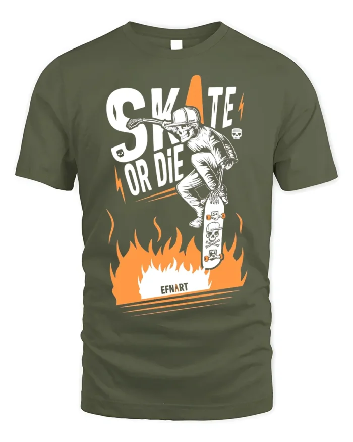 Skate or Die T-Shirt Cool Skull Fire Skater Graphic - military green t-shirt on white background