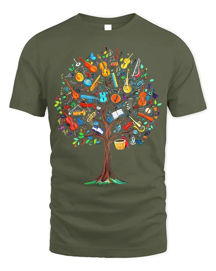 Colorful Music Tree T-Shirt Musical Instruments - military green t-shirt on white background