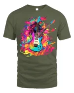 Psychedelic Electric Guitar T-Shirt Color Blast Rock - military green t-shirt on white background