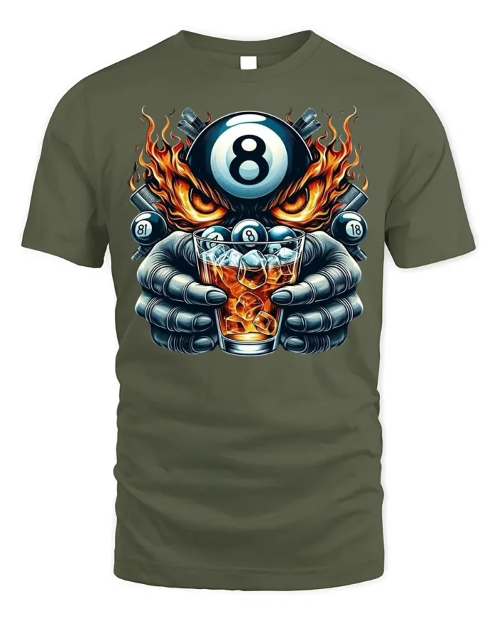 8 Ball Whiskey T-Shirt Billiards Fire Graphic Tee - military green t-shirt on white background