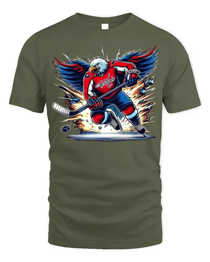 Patriotic Hockey Eagle T-Shirt Power Play USA Pride - military green t-shirt on white background