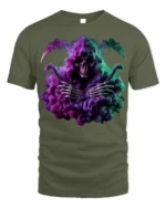 Grim Reaper Smoke T-Shirt Neon Skull Graphic Tee - military green t-shirt on white background