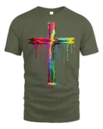 Color Drip Cross T-Shirt Christian Faith Art Tee - military green t-shirt on white background