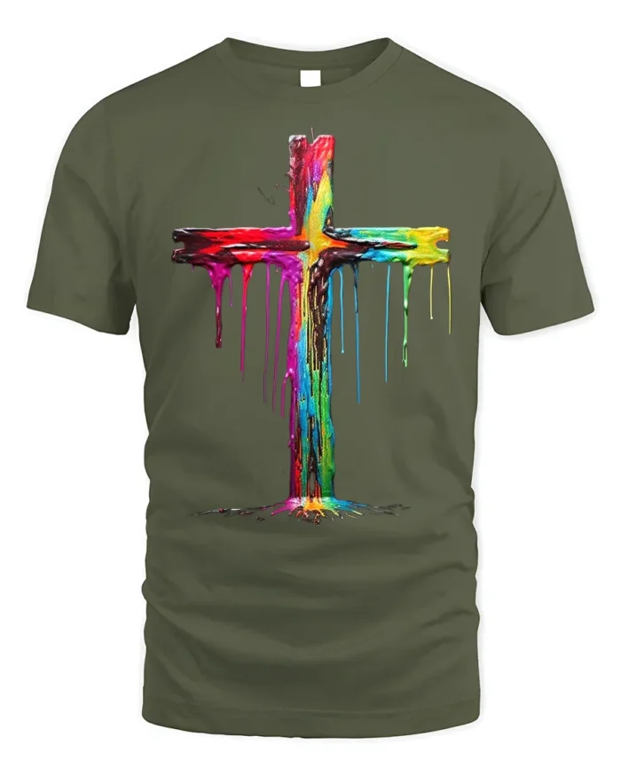 Color Drip Cross T-Shirt Christian Faith Art Tee - military green t-shirt on white background