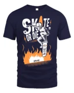 Skate or Die T-Shirt Cool Skull Fire Skater Graphic - navy t-shirt on white background