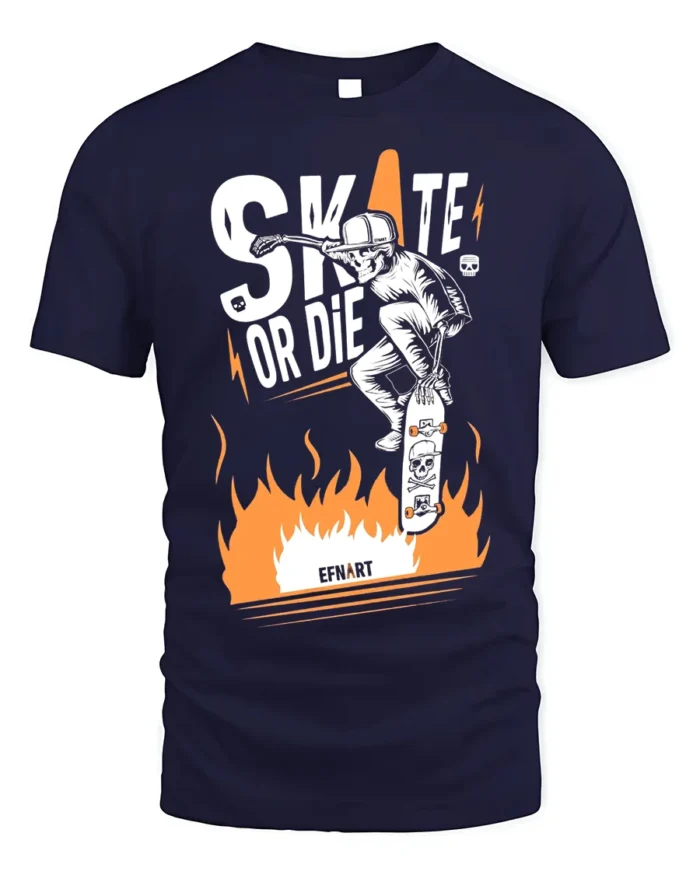 Skate or Die T-Shirt Cool Skull Fire Skater Graphic - navy t-shirt on white background