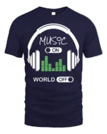 Music On World Off T-Shirt Headphones Audio Graphic - navy t-shirt on white background