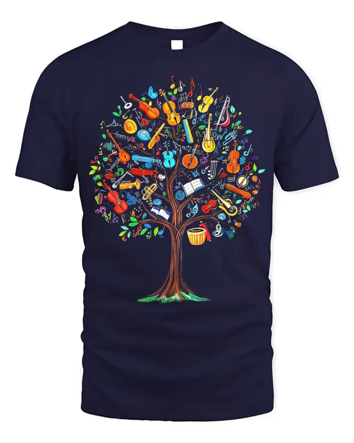 Colorful Music Tree T-Shirt Musical Instruments - navy t-shirt on white background