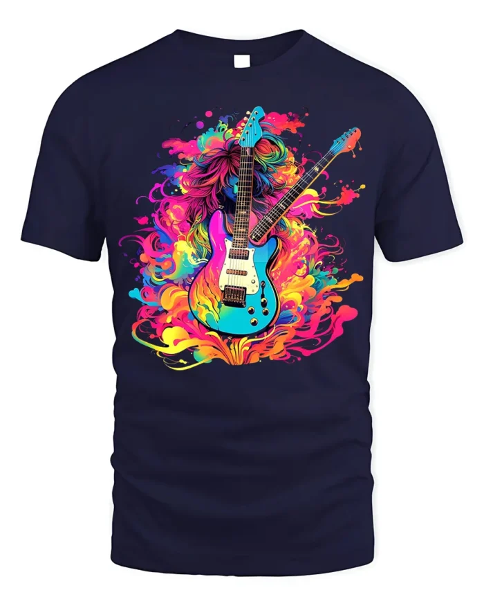 Psychedelic Electric Guitar T-Shirt Color Blast Rock - navy t-shirt on white background