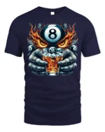 8 Ball Whiskey T-Shirt Billiards Fire Graphic Tee - navy t-shirt on white background
