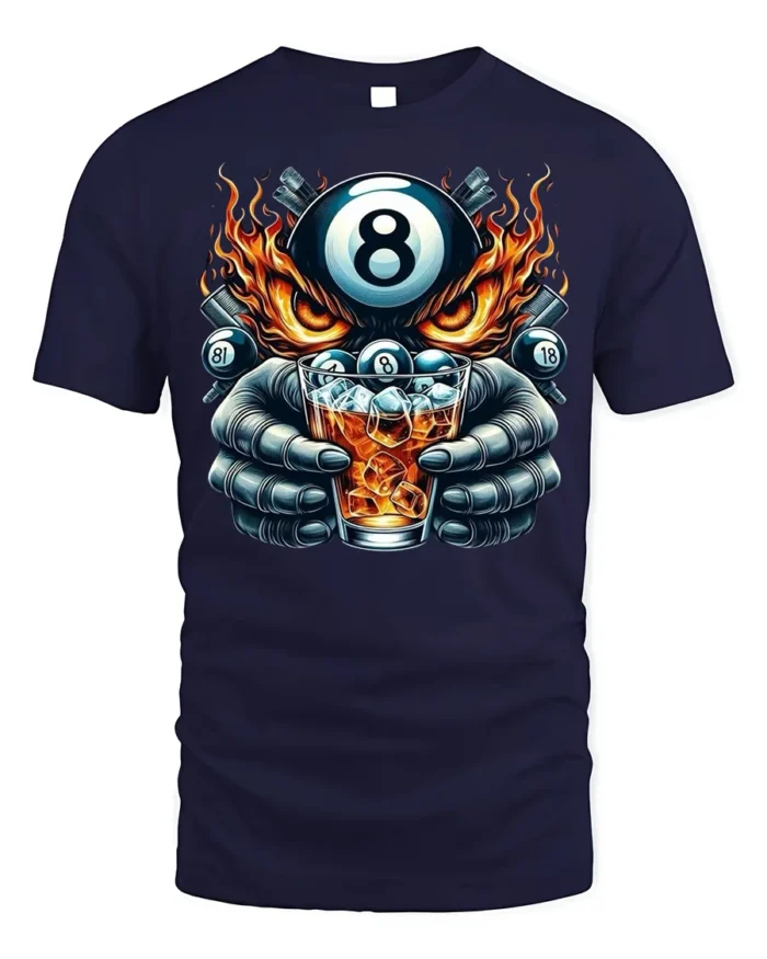 8 Ball Whiskey T-Shirt Billiards Fire Graphic Tee - navy t-shirt on white background