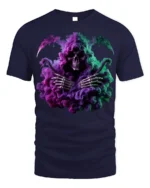 Grim Reaper Smoke T-Shirt Neon Skull Graphic Tee - navy t-shirt on white background