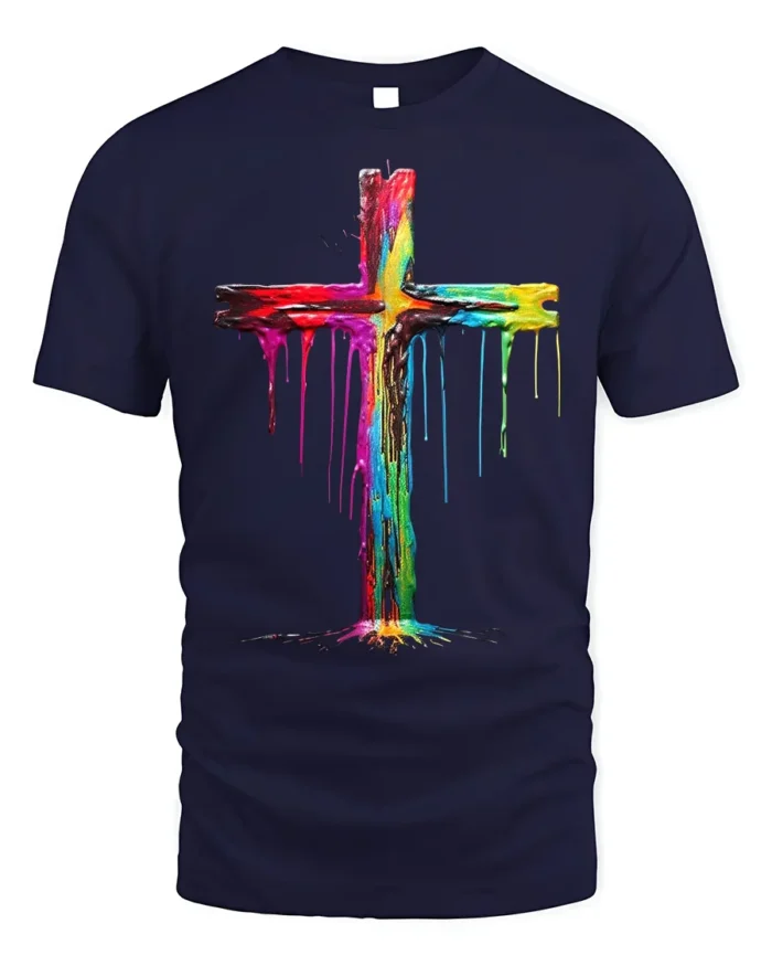 Color Drip Cross T-Shirt Christian Faith Art Tee - navy t-shirt on white background