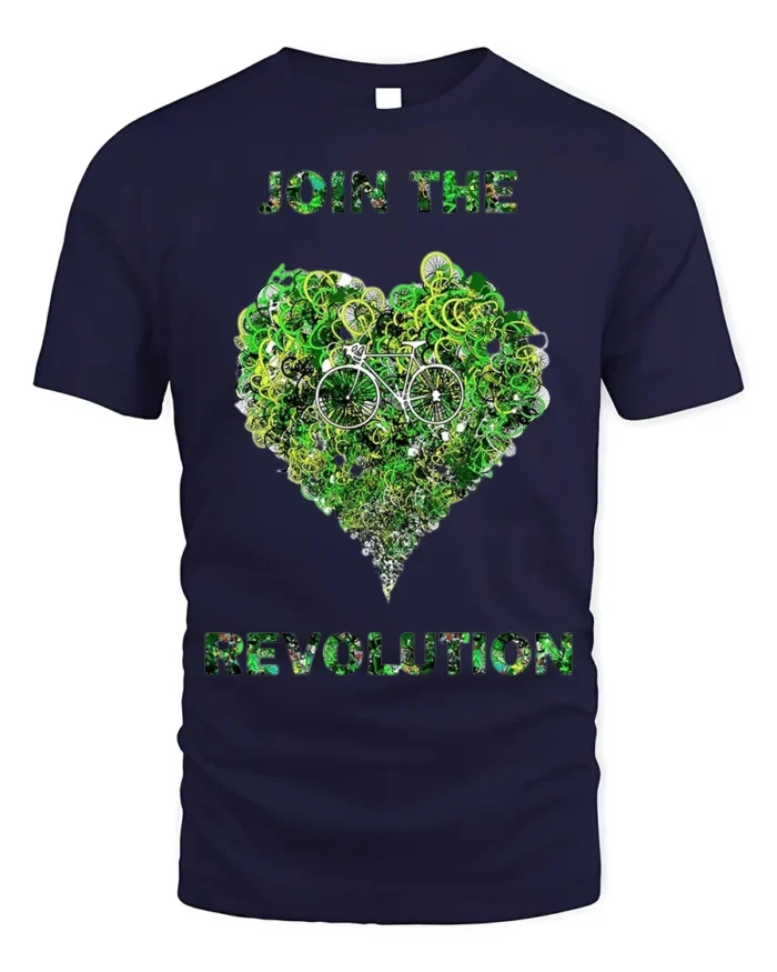 Join the Revolution T-Shirt Eco Biking Green Heart - navy t-shirt on white background