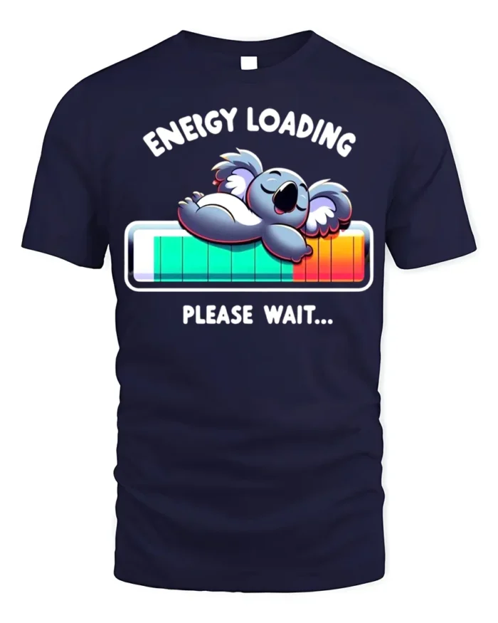 Energy Loading T-Shirt Funny Koala Sleep Graphic - navy t-shirt on white background