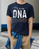 Itβs In My DNA Stock Trading T-Shirt Soft Cotton Tee - model wearing navy shirt, hands in pockets
