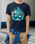 Flaming Dice Joker T-Shirt Bold Casino King Graphic - model wearing navy shirt, hands in pockets