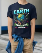 The Earth Gave Us Everything T-Shirt Give Back Message - model wearing navy shirt, hands in pockets