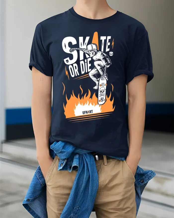 Skate or Die T-Shirt Cool Skull Fire Skater Graphic - model wearing navy shirt, hands in pockets