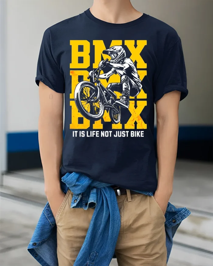 BMX Life T-Shirt Extreme Bike Rider Graphic Tee - model wearing navy shirt, hands in pockets