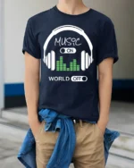 Music On World Off T-Shirt Headphones Audio Graphic - model wearing navy shirt, hands in pockets
