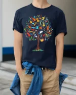 Colorful Music Tree T-Shirt Musical Instruments - model wearing navy shirt, hands in pockets