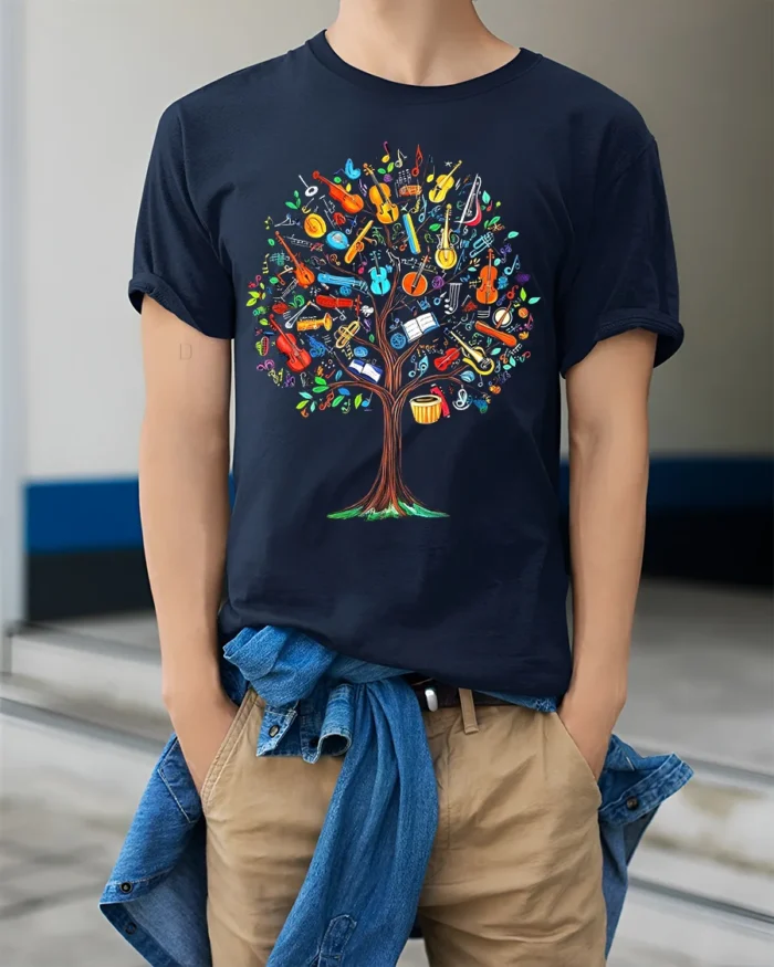Colorful Music Tree T-Shirt Musical Instruments - model wearing navy shirt, hands in pockets