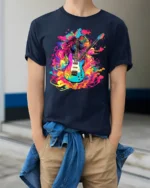 Psychedelic Electric Guitar T-Shirt Color Blast Rock - model wearing navy shirt, hands in pockets