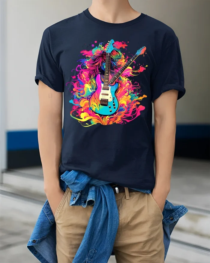 Psychedelic Electric Guitar T-Shirt Color Blast Rock - model wearing navy shirt, hands in pockets