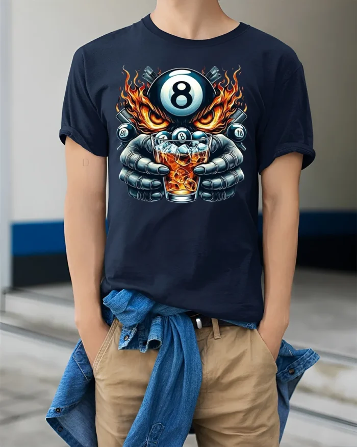 8 Ball Whiskey T-Shirt Billiards Fire Graphic Tee - model wearing navy shirt, hands in pockets