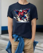 Patriotic Hockey Eagle T-Shirt Power Play USA Pride - model wearing navy shirt, hands in pockets
