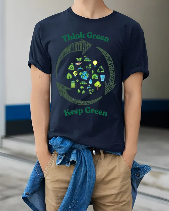 Think Green Keep Green T-Shirt Eco Friendly Earth - model wearing navy shirt, hands in pockets