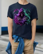 Grim Reaper Smoke T-Shirt Neon Skull Graphic Tee - model wearing navy shirt, hands in pockets