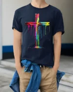 Color Drip Cross T-Shirt Christian Faith Art Tee - model wearing navy shirt, hands in pockets