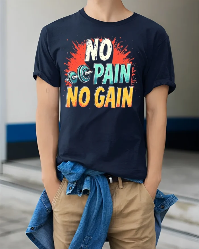 No Pain No Gain T-Shirt Motivational Gym Workout - model wearing navy shirt, hands in pockets