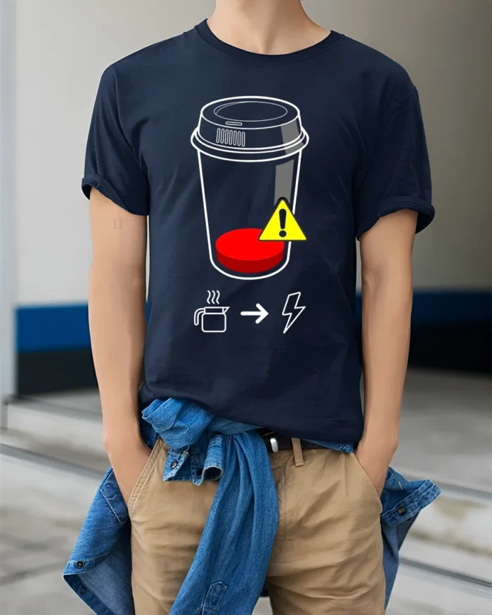 Low Battery Coffee T-Shirt Caffeine Power Graphic - model wearing navy shirt, hands in pockets