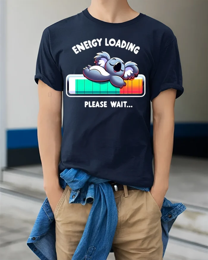 Energy Loading T-Shirt Funny Koala Sleep Graphic - model wearing navy shirt, hands in pockets