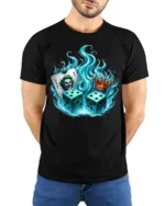 Flaming Dice Joker T-Shirt Bold Casino King Graphic - model wearing black shirt, hands behind back