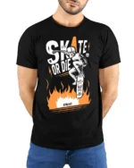 Skate or Die T-Shirt Cool Skull Fire Skater Graphic - model wearing black shirt, hands behind back