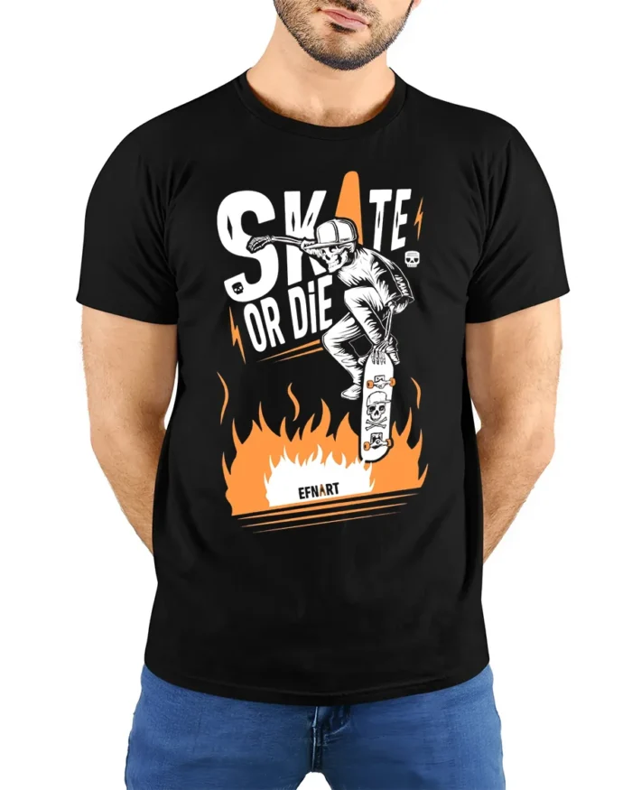 Skate or Die T-Shirt Cool Skull Fire Skater Graphic - model wearing black shirt, hands behind back