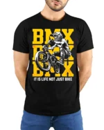 BMX Life T-Shirt Extreme Bike Rider Graphic Tee - model wearing black shirt, hands behind back