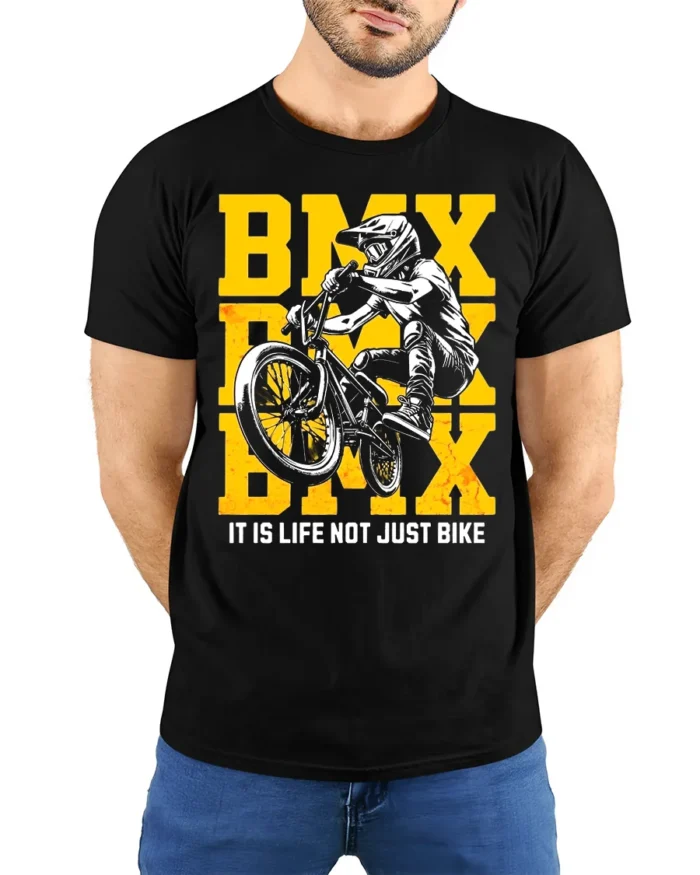 BMX Life T-Shirt Extreme Bike Rider Graphic Tee - model wearing black shirt, hands behind back