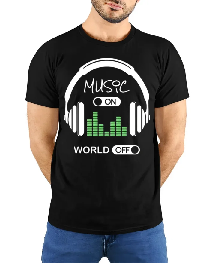 Music On World Off T-Shirt Headphones Audio Graphic - model wearing black shirt, hands behind back