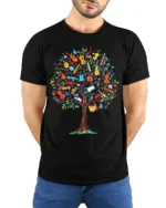 Colorful Music Tree T-Shirt Musical Instruments - model wearing black shirt, hands behind back