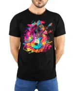 Psychedelic Electric Guitar T-Shirt Color Blast Rock - model wearing black shirt, hands behind back