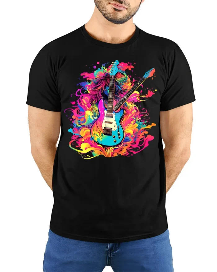Psychedelic Electric Guitar T-Shirt Color Blast Rock - model wearing black shirt, hands behind back