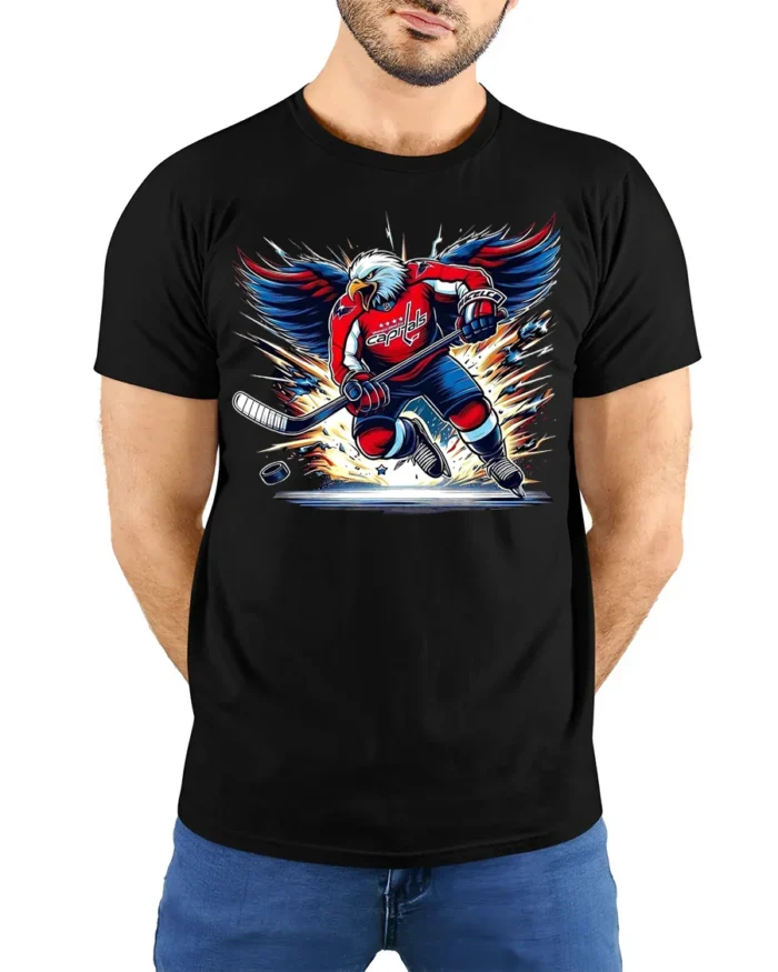 Patriotic Hockey Eagle T-Shirt Power Play USA Pride - model wearing black shirt, hands behind back